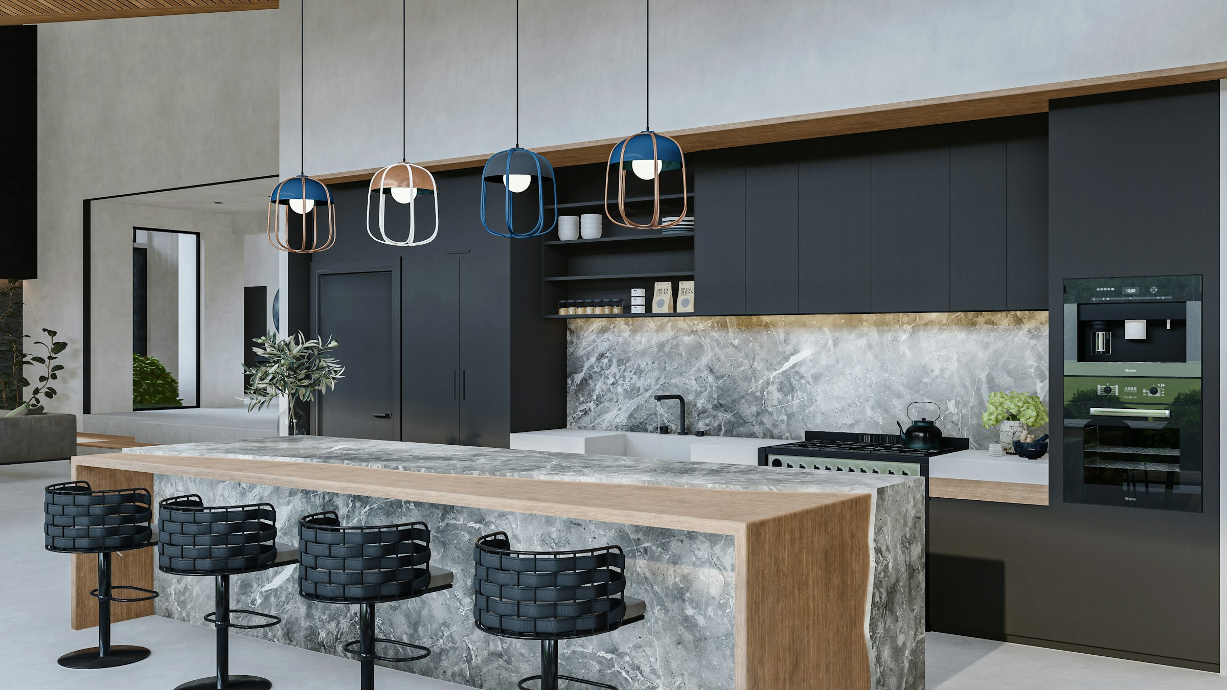 Modern kitchen with marble worktops on the island and counters