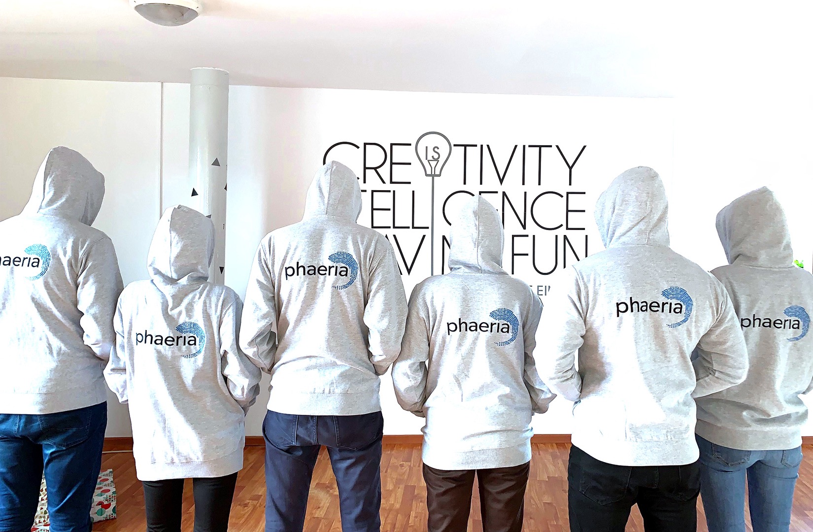 The Phaeria team in matching branded hoodies